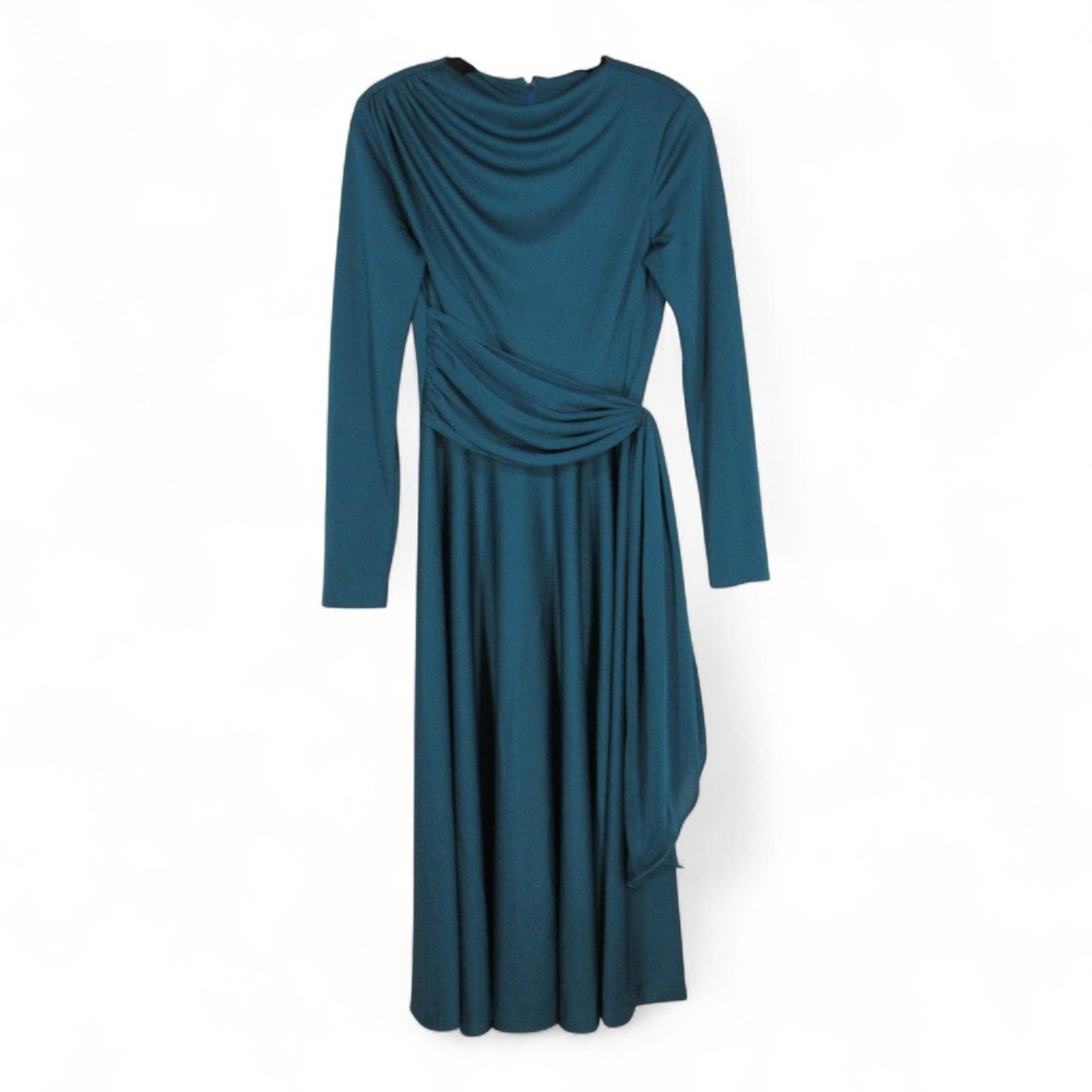 VTG JACK BRYAN PolyKnit TEAL Sash Belt DRAPED NECKLINE Evening Dress XXS 32"Bust